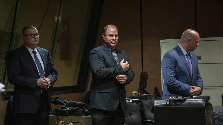 From left: Former Chicago Detective David March, officer Thomas Gaffney and former officer Joseph Walsh attend a pretrial hearing Tuesday, Oct. 30, 2018. (Zbigniew Bzdak / Chicago Tribune / Pool)