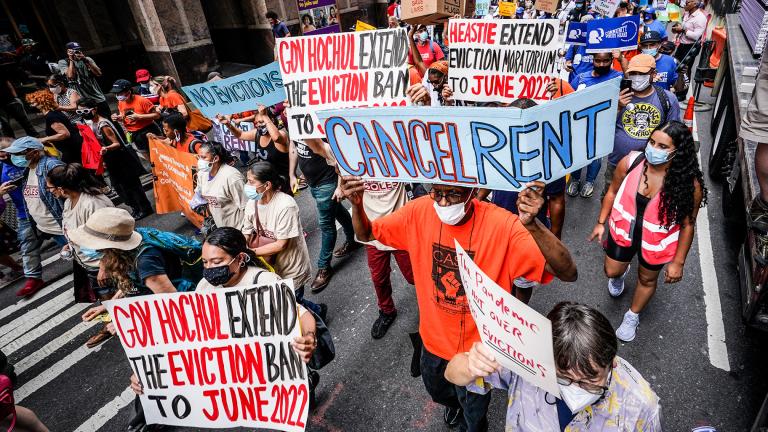 Housing activists march across town toward New York Gov. Kathy Hochul's office, calling for an extension of pandemic-era eviction protections, Tuesday, Aug. 31, 2021, in New York. (AP Photo / Mary Altaffer, File)