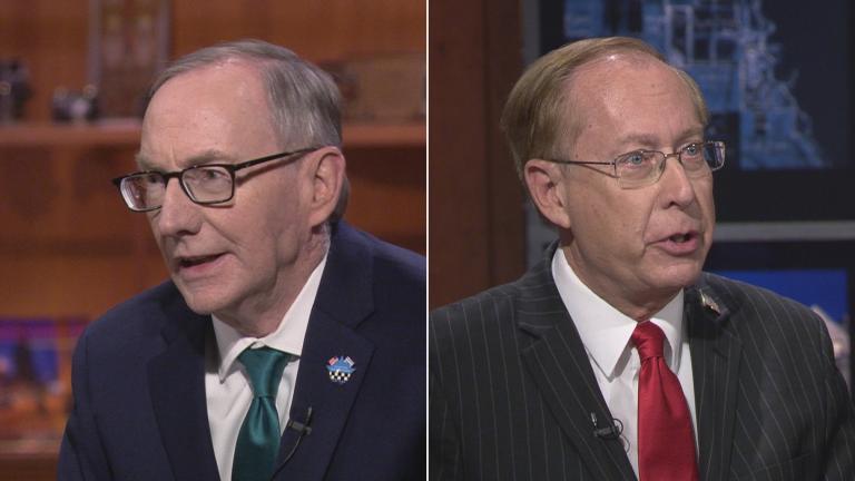 Republican candidates for Cook County state’s attorney Patrick O’Brien, left, and Christopher Pfannkuche appear on a “Chicago Tonight” candidate forum. (WTTW News)