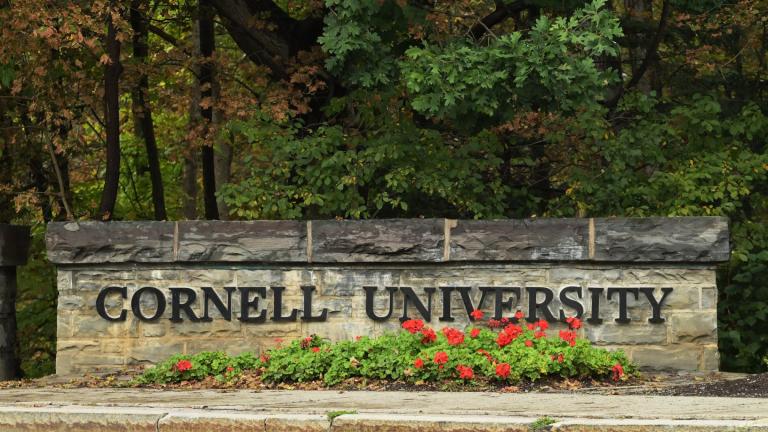 A Cornell University sign stands in Ithaca, N.Y., Monday, Sept. 28, 2026. (AP Photo / Heather Ainsworth)