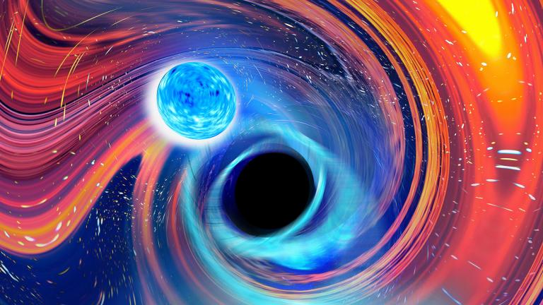 This illustration provided by Carl Knox depicts a black hole, center, swallowing a neutron star, upper left. The blue lines are gravitational waves, ripples in time and space, which is how astronomers detected the merger, and orange and red areas indicate parts of the neutron star being stripped away. (Carl Knox / OzGrav / Swinburne University Australia via AP)