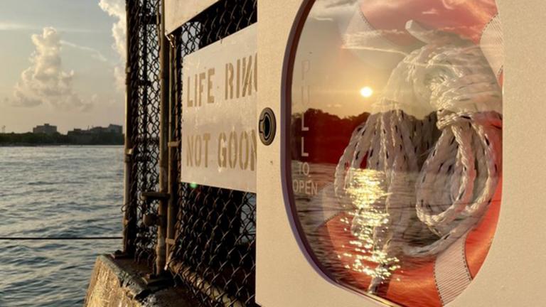 A life ring installed on the lakefront by Rogers Park activist Jim Ginderske. (Credit Halle Quezada / Twitter)