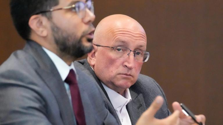 Attorney George Gomez, left, speaks to Judge George D. Strickland as Robert E. Crimo Jr., looks on during an appearance at the Lake County Courthouse, Monday, Aug. 7, 2023, in Waukegan, Ill. (AP Photo / Nam Y. Huh, Pool)