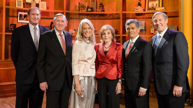 Jim Crown, far left, is pictured with members of his family and “Chicago Tonight” host Phil Ponce on May 14, 2017. (WTTW)