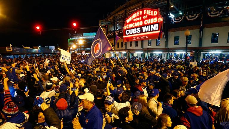 Chicago Cubs fans celebrate Sunday night’s win over the Cleveland Indians. (Credit: MLB / Twitter)