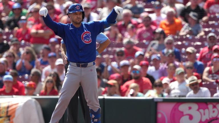 Chicago Cubs' Alex Bregman celebrates after a one-run single during the first inning of a baseball game against the Cincinnati Reds, Sunday, Sept. 20, 2026, in Cincinnati. (AP Photo / Kareem Elgazzar)