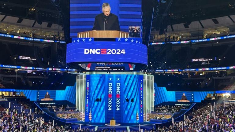 Cardinal Blase Cupich opens the Democratic National Convention with a prayer on Aug. 19, 2024. (Blair Paddock / WTTW News) 