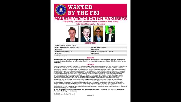 This poster provided by the U.S. Department of Justice shows Maxsim Yukabets. Yakubets, 33, is best known as co-leader of a cybergang that calls itself Evil Corp. (U.S. Department of Justice via AP)