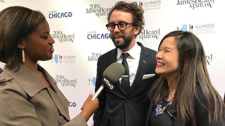 Brandis Friedman talks with James Beard Award winners Beverly Kim and Johnny Clark of Parachute on Monday, May 6, 2019 before the awards ceremony. 