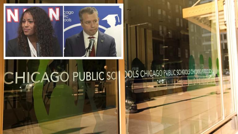 CTU President Stacy Davis Gates and CPS CEO Pedro Martinez speak at separate news conferences on April 1, 2025. (WTTW News and Michael Izquierdo) 