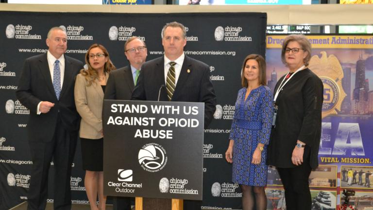 Robert J. Bell, U.S. DEA associate special agent in charge of the Chicago field division office, announces Thursday, Feb. 14 the launch of a yearlong digital billboard campaign against the opioid epidemic. (Kristen Thometz / Chicago Tonight) Robert J. Bell, U.S. DEA associate special agent in charge of the Chicago field division office, announces Thursday, Feb. 14 the launch of a yearlong digital billboard campaign against the opioid epidemic. (Kristen Thometz / Chicago Tonight)