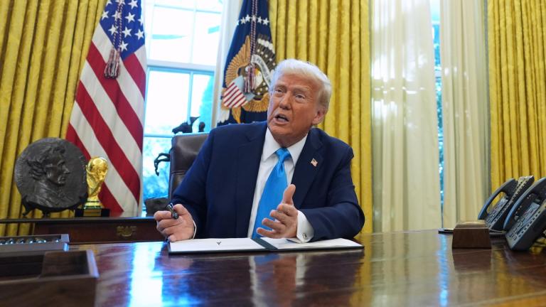 President Donald Trump speaks to reporters as he signs executive orders in the White House, Feb. 4, 2025, in Washington. (AP Photo/Evan Vucci, File)