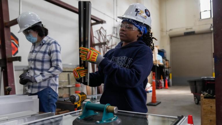 Chyanne Henderson practices putting together a window during an Ironworkers Local 63 pre-apprenticeship class Wednesday, March 26, 2025, in Broadview, Ill. (AP Photo / Erin Hooley)