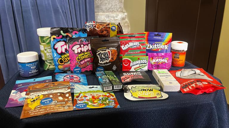 Products that contain delta-8 THC are pictured next to the original packaging they resemble. (Hannah Meisel / Capitol News Illinois)