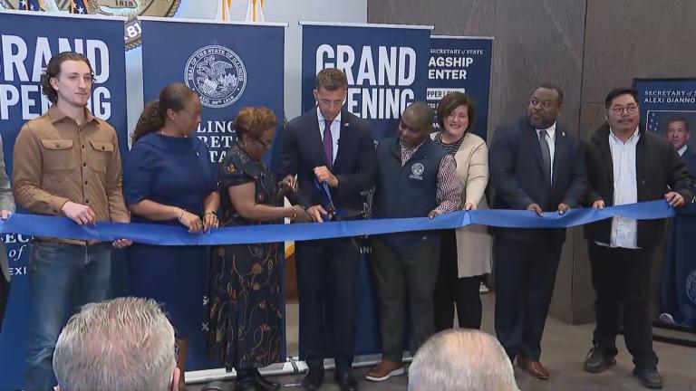 A ribbon-cutting ceremony for the secretary of state’s new flagship center DMV located at 125 W. Monroe St., on April 1, 2025. (WTTW News)
