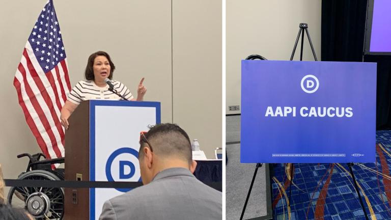 U.S. Sen. Tammy Duckworth of Illinois speaks during an Asian American Pacific Islander caucus meeting as part of the Democratic National Convention at McCormick Place on Aug. 19, 2024. (Eunice Alpasan / WTTW News)