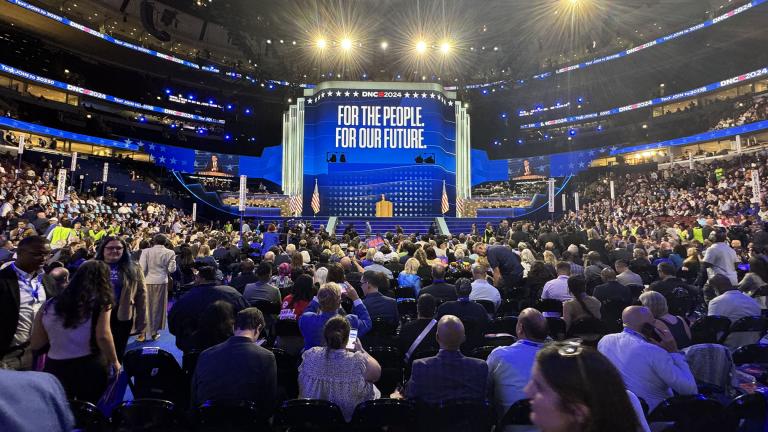 Democrats fill up the United Center on the first night of the DNC in Chicago. (Nicole Cardos / WTTW News)