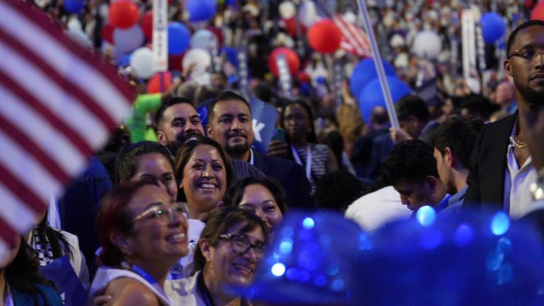 Democrats watch the final night of the DNC in Chicago (Emily Soto / WTTW News)