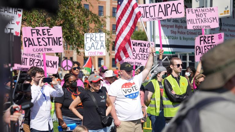 Protesters gather on Monday, Aug. 19, 2024, near the Democratic National Convention. (Emily Soto / WTTW News)