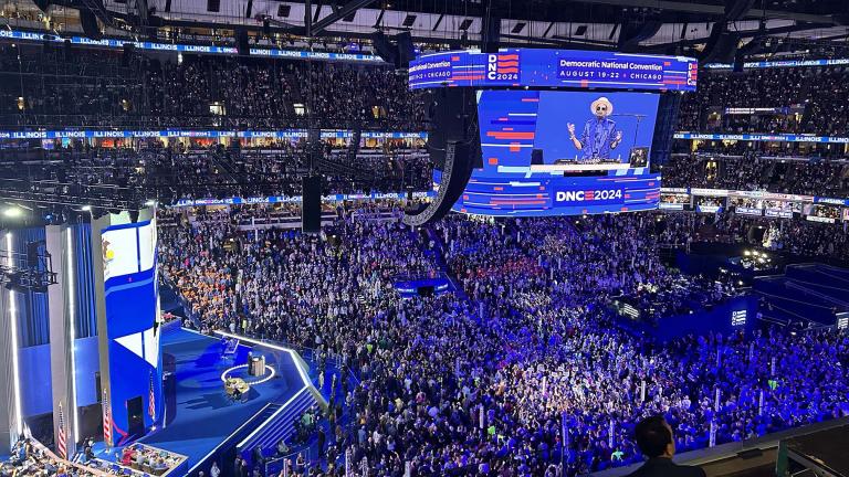 DJ Cassidy leads the DNC roll call with state-specific music selections on Aug. 20, 2024. (Blair Paddock / WTTW News)