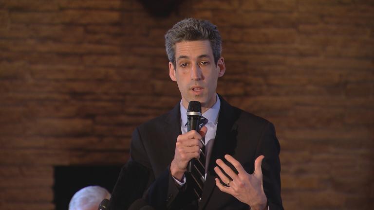 Daniel Biss speaks to Cook County Democratic committeemen on March 27, 2017. (Chicago Tonight)