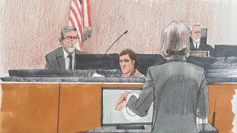 Former Ald. Danny Solis, who served as a government informant, testifies during the trial of former House Speaker Michael Madigan on Nov. 25, 2024. (Illustration by Cheryl Cook) 