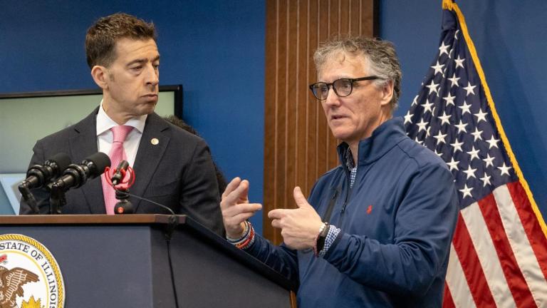 Cook County Sheriff Tom Dart, pictured right, explains how his office will implement a program to offer state IDs to exiting inmates. The program is a collaboration with Secretary of State Alexi Giannoulias. (Capitol News Illinois photo by Andrew Adams)