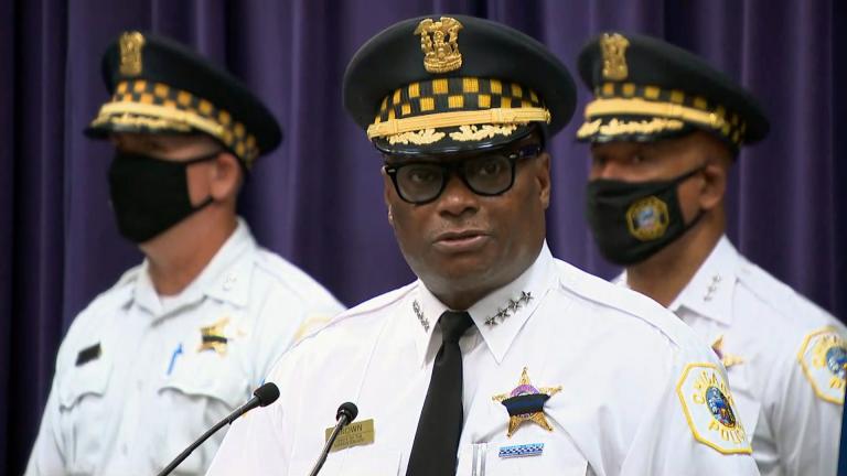 Chicago police Superintendent David Brown speaks at a news conference announcing charges in the fatal shooting of a Chicago police officer on Monday, Aug. 9, 2021. (WTTW News)