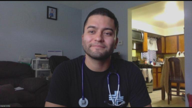 David Ortiz, a registered nurse, appears on “Chicago Tonight” via Zoom on Wednesday, April 29, 2020. (WTTW News)