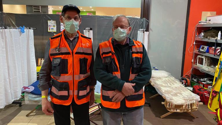 Retired Skokie doctors Dr. David Shapiro and Dr. Avery Hart volunteered with NATAN Worldwide Disaster Relief to travel to Poland and provide aid to Ukrainian refugees. (Courtesy Avery Hart & David Shapiro) Retired Skokie doctors Dr. David Shapiro and Dr. Avery Hart volunteered with NATAN Worldwide Disaster Relief to travel to Poland and provide aid to Ukrainian refugees. (Courtesy Avery Hart & David Shapiro)