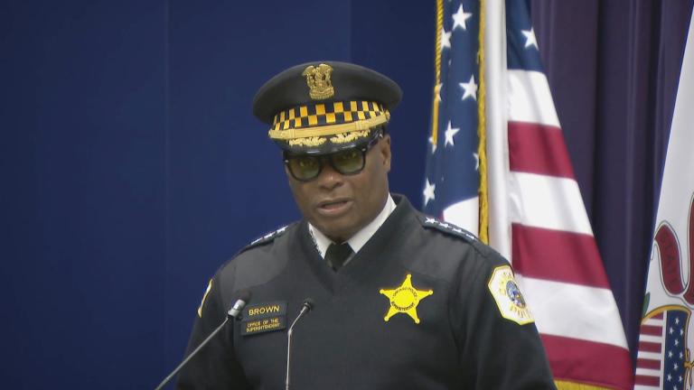 Police Superintendent David Brown addresses the media after officers shot and killed a man outside an Irving Park bar on Feb. 8, 2023. (WTTW News)