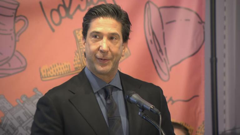 David Schwimmer at a news conference unveiling a new lobby for the Lookingglass Theatre Company on Jan. 27, 2025. (WTTW News)