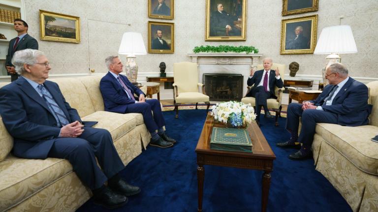 FILE - Senate Minority Leader Mitch McConnell of Ky., Speaker of the House Kevin McCarthy of Calif., and Senate Majority Leader Sen. Chuck Schumer of N.Y., listen as President Joe Biden speaks before a meeting to discuss the debt limit in the Oval Office of the White House, Tuesday, May 9, 2023, in Washington. (AP Photo / Evan Vucci, File)