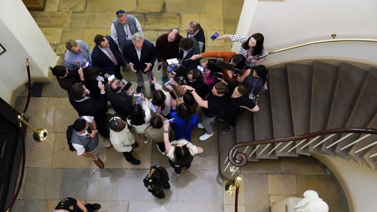 House Speaker Kevin McCarthy of Calif., speaks with members of the press about debt limit negotiations Saturday, May 27, 2023, on Capitol Hill in Washington. (AP Photo/Patrick Semansky)