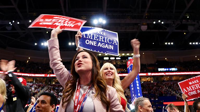 Delegates cheer during Donald Trump's speech at the RNC. (Evan Garcia / Chicago Tonight)