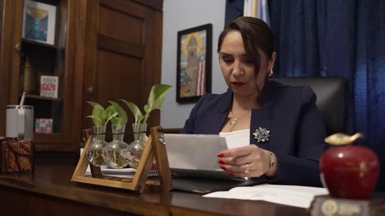 U.S. Rep. Delia Ramirez is pictured in her Washinton office. (Norah D’Cruze / Medill School of Journalism)