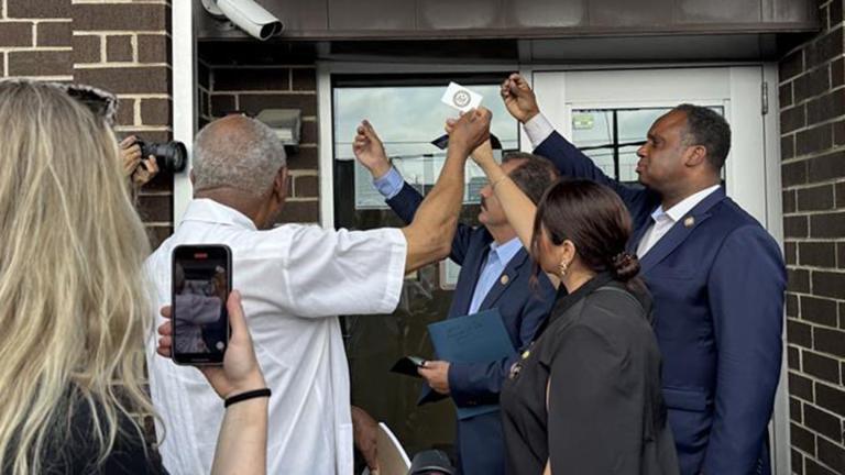 U.S. Reps. Delia Ramirez, Danny Davis, Jesus “Chuy” García and Jonathan Jackson are denied entry at an ICE processing center in Broadview on June 18, 2025, according to Ramirez. (repdeliaramirez / X)