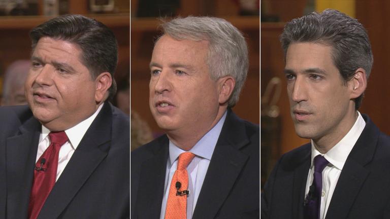 Candidates J.B. Pritzker, left, Chris Kennedy, center, and Daniel Biss appear on “Chicago Tonight” on March 14, 2018.