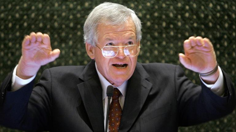  Former U.S. House Speaker Dennis Hastert speaks to lawmakers on the Illinois House of Representatives floor at the state Capitol in Springfield, Ill., on March 5, 2008. (AP Photo / Seth Perlman, File)
