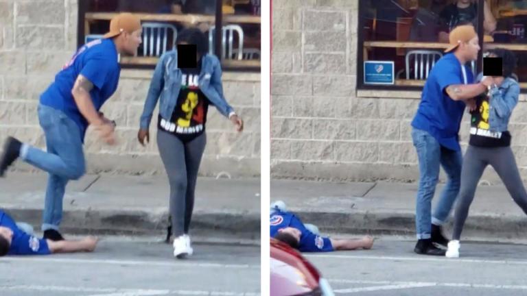 An image included in the Civilian Office Police Accountability’s probe of Officers Moises Diaz and Salvador Perez shows Diaz, left, unconscious outside a Wrigleyville pizzeria and Perez grabbing a person by the throat after they attempted to check on Diaz. (Provided)