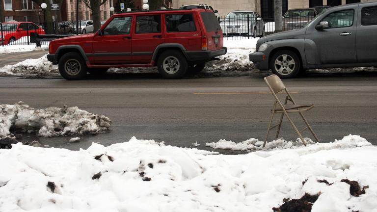 A folding chair holds a parking spot cleared of snow on Feb. 12, 2011 in Chicago. (Quinn Dombrowski / Flickr)