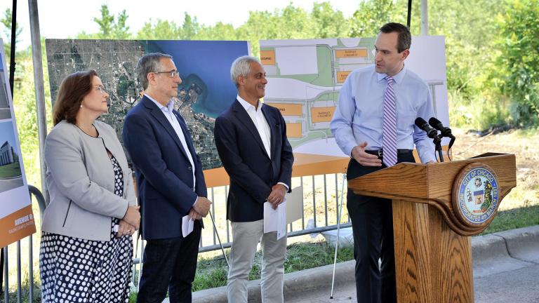 Mayor Rahm Emanuel, center, attends a press conference Sunday announcing plans for a new industrial complex on Chicago’s Southeast Side. (Patrick Pyszka / City of Chicago)