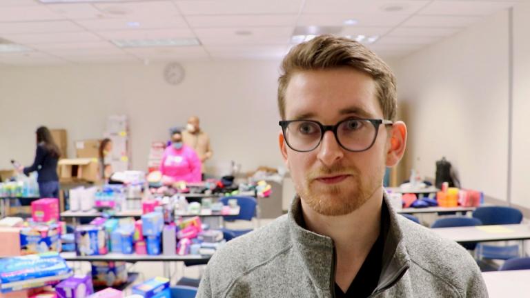 Dmytro Mysak, a first-year medical student at Rush University pictured on March 17, 2022, was born in Ukraine and still has family living in Lviv. (Evan Garcia / WTTW News)