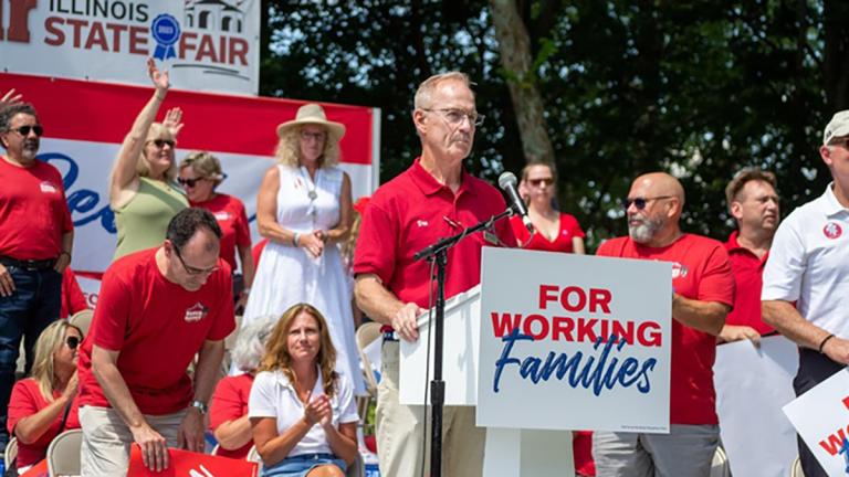 Illinois Republican Party Chairman Don Tracy rallies the party faithful at the 2023 Illinois State Fair. Less than a year later, Tracy announced his resignation, citing party infighting. (Jerry Nowicki / Capitol News Illinois)