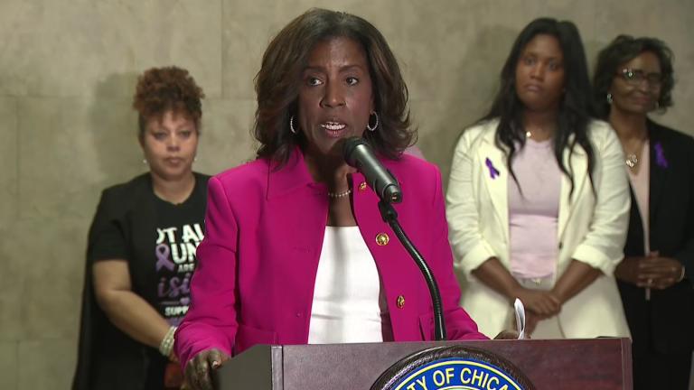 Donna Miller speaks at a news conference on July 9, 2026. (WTTW News)