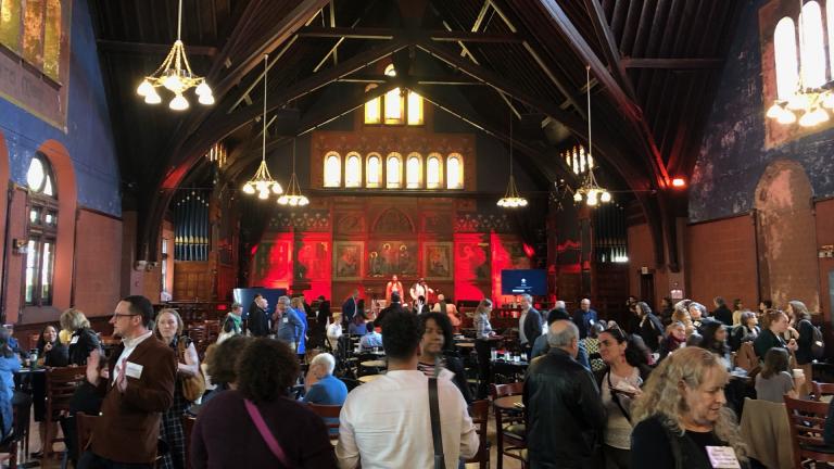 Members of the Chicago arts community gather at a  Gaylord and Dorothy Donnelley Foundation event on May 13, 2025. (Marc Vitali / WTTW News) 