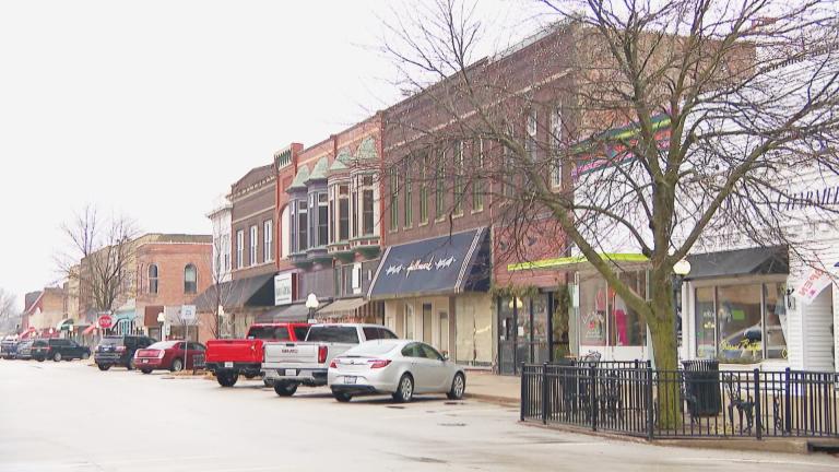 Stores line the street in downtown Pontiac, Illinois. (WTTW News)