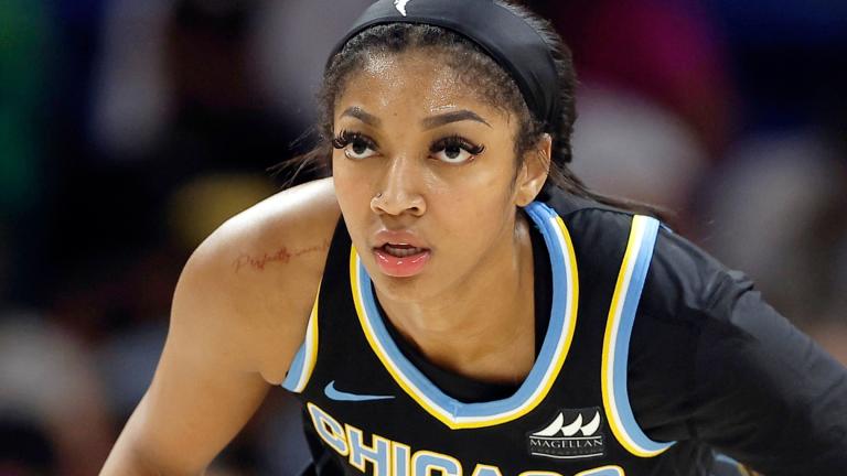 Chicago Sky forward Angel Reese (5) follows the play during a WNBA basketball game against the Dallas Wings, Wednesday, May 15, 2024, in Arlington, Texas. (AP Photo / Brandon Wade, File)