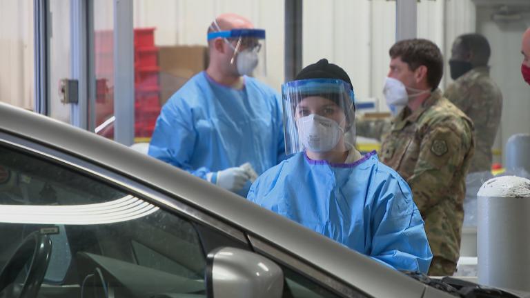 The drive-thru testing facility at 6959 Forest Preserve Drive in Chicago. (WTTW News)