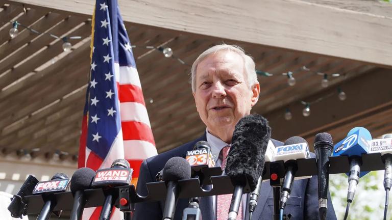 Sen. Dick Durbin announces he will not run for another term in the Senate at a news conference at his home in Springfield on April 24, 2025. (Peter Hancock / Capitol News Illinois)